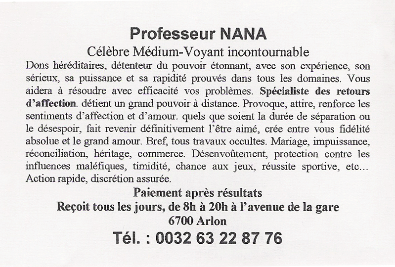 Professeur NANA, Belgique